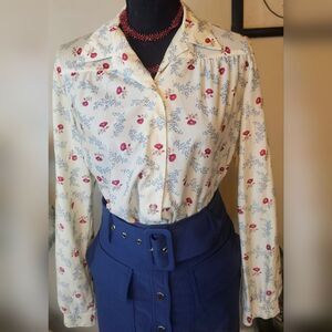 Vintage 60s Red & Blue On Cream Floral Print Button-Up Blouse